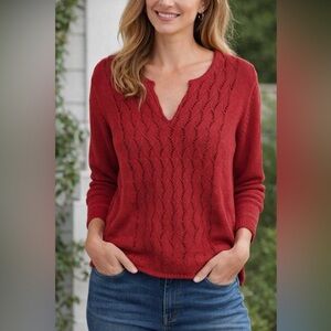 Tommy Bahama Women's Large Silk Blend V-Neck Pointelle Knit Sweater Burnt Orange